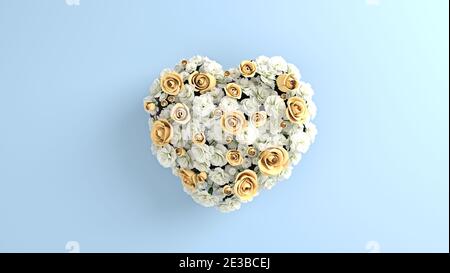 Herzförmige weiße Blumen und gelbe Rosen in einer Geschenkbox für Urlaub, Valentinstag, Mütter und Frauen Tag, leeren Raum für Text, einzigartige Farben für Männer Stockfoto