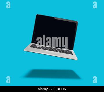 Laptop schwimmt auf blauem Hintergrund Stock Vektor
