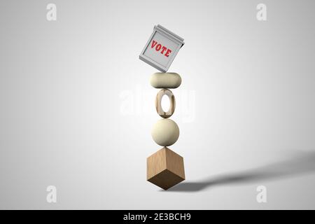 Wahlurne nach Primärformen, die das Wahlrisiko belegen, ausgewogen. 3D-Illustration Stockfoto