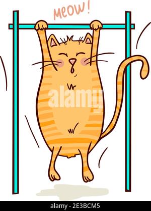 Nette lustige Katze tun Pull-ups. Vektorgrafik. Gesunder Lebensstil und sportliches Image Stock Vektor