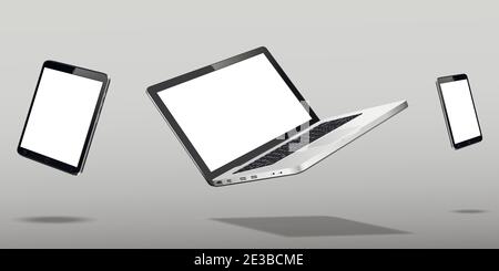 Laptop, Mobiltelefon und Tablet schweben auf grauem Hintergrund Stock Vektor