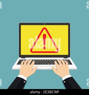 Laptop mit Ausrufezeichen auf dem Bildschirm. Hände auf dem Laptop. Vektorgrafik. Stock Vektor