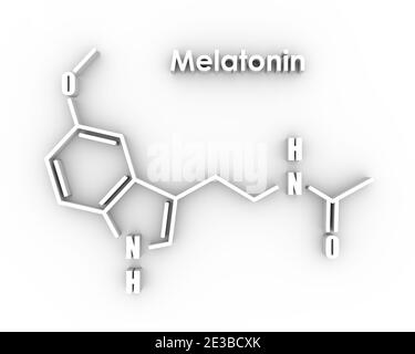 Chemische Summenformel des Melatoninhormons. Beim Menschen spielt es eine Rolle bei der zirkadianen Rhythmussynchronisation. Stilisierte konventionelle Skelettformel. Stockfoto