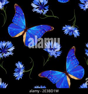 Kornblume und Schmetterling. Florales Nahtloses Muster mit neonblauem Schmetterling und Kornblumen auf schwarzem Hintergrund. Vektorgrafik für Aktien. Stock Vektor