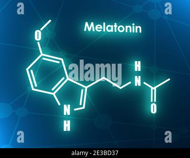 Chemische Summenformel des Melatoninhormons. Beim Menschen spielt es eine Rolle bei der zirkadianen Rhythmussynchronisation. Stilisierte konventionelle Skelettformel. Stockfoto