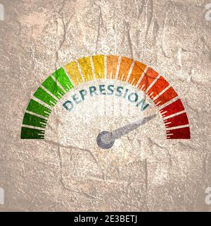 Farbskala mit Pfeil von Grün nach Rot. Das Symbol des Tiefdruckmessgeräts. Tachometer, Tachometer, Anzeigen. Bunte Infografik g Stockfoto