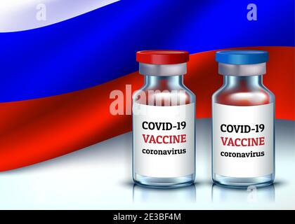 Covid-19 Coronavirus-Impfstoff. Zwei Ampullen zur Impfung, mit roten und blauen Kappen vor dem Hintergrund der Tricolor-Flagge. 3d realistischer Vektor il Stock Vektor