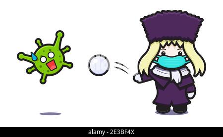 Nettes Mädchen tragen Maske Kampf gegen Virus Cartoon Vektor-Symbol Illustration. Design isoliert auf Weiß. Flacher Cartoon-Stil. Stockfoto
