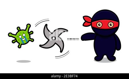 Niedliche Ninja Maskottchen Charakter Kampf gegen Virus Cartoon Vektor-Symbol Illustration. Design isoliert auf Weiß. Flacher Cartoon-Stil. Stockfoto