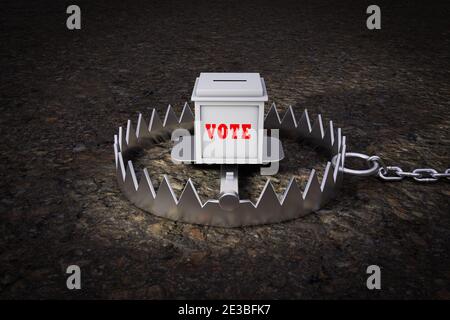 Die Wahlurne befindet sich in einer metallenen Bärenfalle, die das Wahlrisiko zeigt. 3D-Illustration Stockfoto