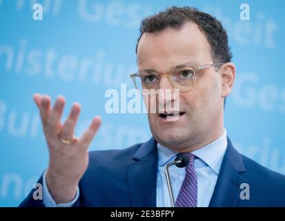 Berlin, Deutschland. Januar 2021. Bundesgesundheitsminister Jens Spahn (CDU) hält vor der Kabinettssitzung in seinem Ministerium eine Pressekonferenz ab. Quelle: Kay Nietfeld/dpa/Alamy Live News Stockfoto