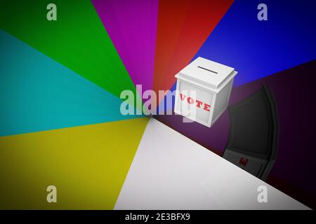 Die Wahlurne rutscht gegen Ende in einen Kegel, der das Wahlrisiko zeigt. 3D-Illustration Stockfoto