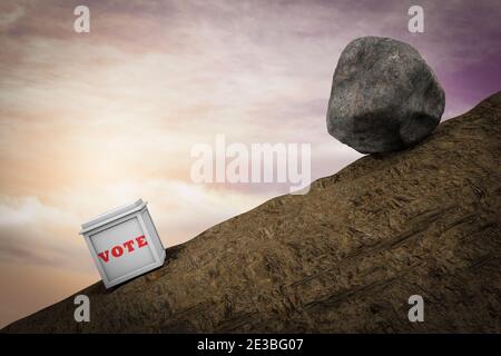Stein läuft herunter, bereit, eine Wahlbox zu treffen, die das Wahlrisiko zeigt. 3D-Illustration Stockfoto