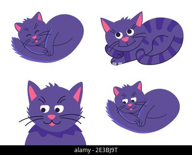 Nette Haustier Katze glücklich schlafen, entspannen. Kollektion lila Katzen. Flaches Design. Isoliert auf weißem Hintergrund. Vektorgrafik. Stock Vektor