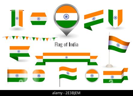 Die Flagge Indiens. Kreis und Quadrat und rund Indien Flagge. Große Reihe von Symbolen und Symbolen. Sammlung von verschiedenen Flaggen der horizontalen und vertikalen. vec Stock Vektor