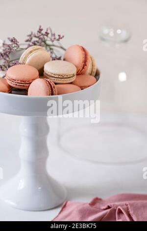 Vanille und Rose Macarons liegen in einem Porzellan etagere im Hintergrund die Glashaube, weißer Hintergrund, Blume verziert Stockfoto