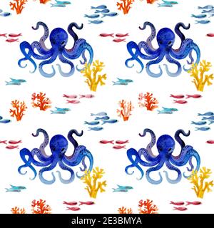 Aquarell handgezeichnetes Nahtloses Muster mit blauen Oktopus mit Flecken und Korallen. Blaue Krake Tentakeln. Tier im Cartoon-Stil. Design für Abdeckungen Stockfoto