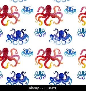 Aquarell handgezeichnetes Nahtloses Muster mit roten und blauen Oktopus. Rote Krake Tentakeln. Tier im Cartoon-Stil. Design für Abdeckungen, Hintergrund Stockfoto