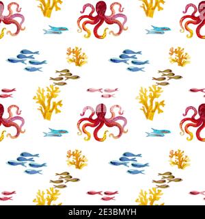 Aquarell handgezeichnetes Nahtloses Muster mit roten Oktopus und Korallen. Rote Krake Tentakeln. Tier im Cartoon-Stil. Design für Abdeckungen, Hintergrund Stockfoto