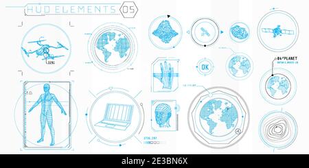 Ein Set von HUD 3D-Scanning-Elementen für eine futuristische Oberfläche. Stock Vektor