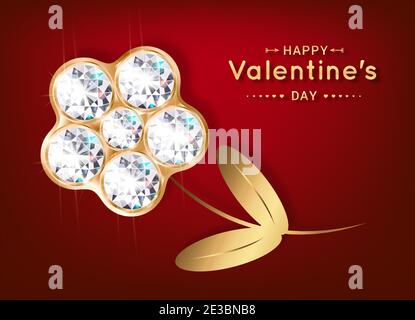 Grußkarte zum Valentinstag. Blume aus Diamanten und Gold. Banner für den Urlaub. Frauentag, Jahrestag. 3D realistisch. Roter Hintergrund. Stock Vektor