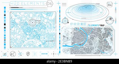 Eine Reihe von HUD-Maps-Elementen für eine futuristische Oberfläche. Stock Vektor