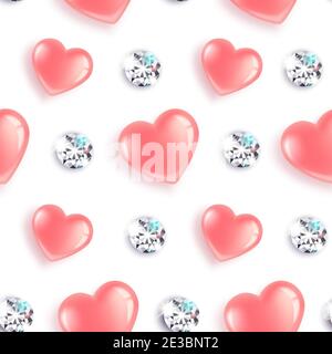 Nahtloses Muster mit rosa Herzen und Diamanten. Wallpaper für Valentinstag, Jahrestag, Geburtstag. Grußkarte. Realistisch. Vektor. Stock Vektor