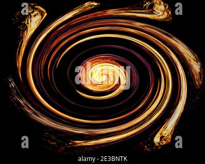 Feurige Spiralen der Krümmung des Raumes auf einem schwarzen Hintergrund. Stockfoto