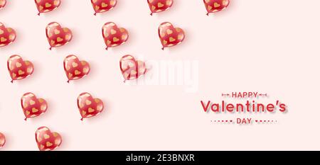 Alles gute zum Valentinstag. Fliegende Gelbälle in roten und rosa Farben in einem Muster aus goldenen Herzen. Horizontales Banner mit Platz für Text. Alles Gute Zum Geburtstag, Inte Stock Vektor