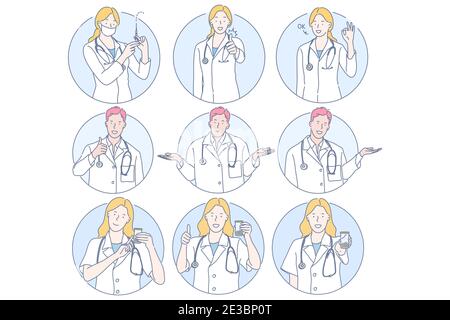 Gesundheitswesen, Arzt, Medizin, Injektion, medizinische Untersuchung Konzept. Junge Männer und Frauen Ärzte Cartoon-Figuren zeigen verschiedene Zeichen und Gesten mit Stock Vektor