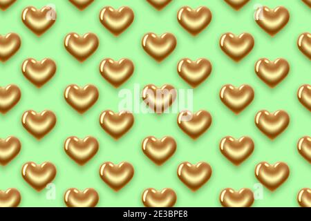 Nahtloses Muster mit goldenen und grünen Herzen. Zum Valentinstag, Frauentag, Geburtstag. Realistische 3D-Darstellung. Auf einem grünen Hintergrund. Vektor. Stock Vektor
