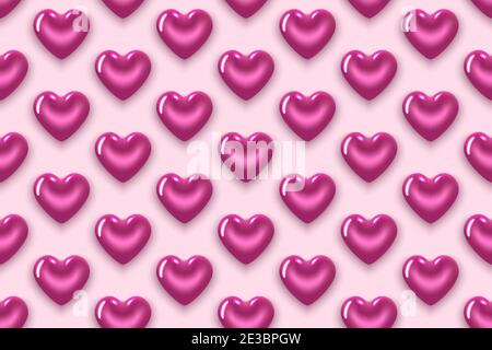 Nahtloses Muster mit lila Herzen. Zum Valentinstag, Frauentag, Geburtstag. Realistische 3D-Darstellung. Auf einem rosa Hintergrund. Vektor. Stock Vektor
