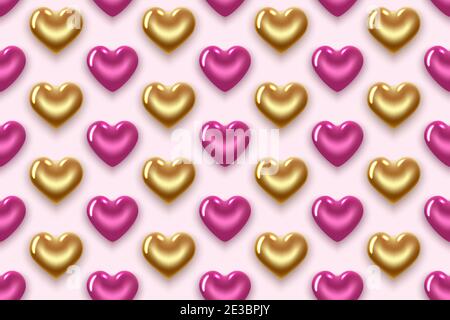 Nahtloses Muster mit Gold und lila Herzen. Zum Valentinstag, Frauentag, Geburtstag. Realistische 3D-Darstellung. Auf einem rosa Hintergrund. Vektor. Stock Vektor