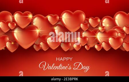 Horizontales Banner mit einem Rand von leuchtend roten Herzen auf einem roten hellen Hintergrund. Grußkarte zum Valentinstag, Internationaler Frauentag. Stock Vektor