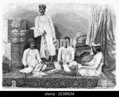 Porträt der Händler von Kalkutta. Marwaris Eingeborene von Marwar in Rajpootana. Indien. Alte Gravurillustration aus El Mundo en la Mano 1878 Stockfoto