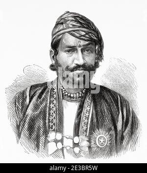 Porträt von Maharajah Sawai RAM Singh II, Maharajah von Jaipur, Indien. Alte Gravurillustration Prinz von Wales Albert Edward Tour von Indien. El Mundo en la Mano 1878 Stockfoto