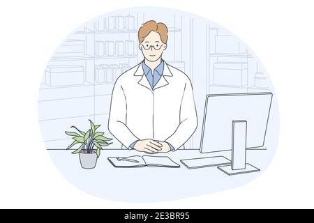 Arzt, Medizin, Gesundheitskonzept. Junger lächelnder Mann Arzt in weißen Uniform Cartoon-Figur sitzt in der medizinischen Klinik Büro in der Nähe von Laptop und nicht Stock Vektor