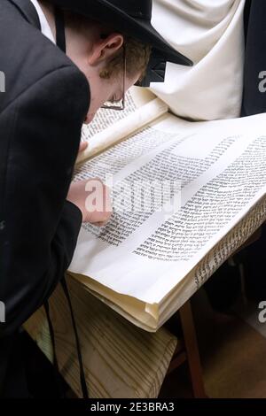 Ein junger Mann liest aus der Megilla auf dem jüdischen Feiertag Purim. In einer Synagoge in Crown Heights, Brooklyn, New York City Stockfoto