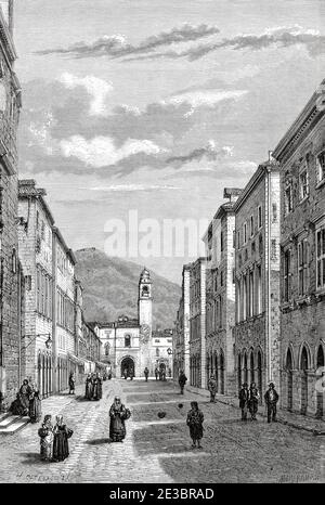 Stradone, Hauptstraße in Dubrovnik, Kroatien, Europa. Alte Gravur Illustration Reise nach Istrien & Dalmatien 1874 von Charles Yriarte Stockfoto