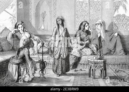 Harem Frauen mit lebensgroßen Figuren nachgebildet. Topkapi Sarayi Sultan Palace, Istanbul, Türkei. Alte gravierte Illustration aus dem 19. Jahrhundert, Le Tour du Monde 1863 Stockfoto