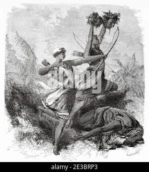 Amazoness Bogenschützen Kämpfer. Dahomey, Zentralafrika, Alte Grafik aus dem 19. Jahrhundert, Le Tour du Monde 1863 Stockfoto