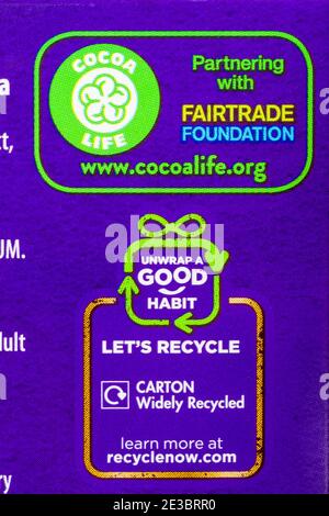 Cocoa Life Partnerschaft mit Fairtrade Foundation eine gute Gewohnheit auswickeln Lassen Sie uns recyceln - Detail auf Schachtel Cadbury Heroes Pralinen Stockfoto