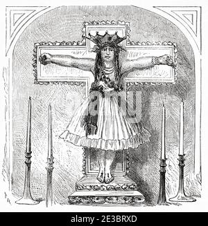 Kruzifix einer Frau in der Kirche Combapata, Provinz Canchis, Cusco Abteilung. Peru, Südamerika. Alte gravierte Illustration aus dem 19. Jahrhundert, Le Tour du Monde 1863 Stockfoto