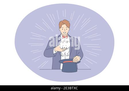 Zirkus, Performance, Entertainment-Konzept. Junger Mann Magier Performer Cartoon-Figur zeigt magische Tricks mit Hut und Kaninchen während Zirkus-Show Stock Vektor