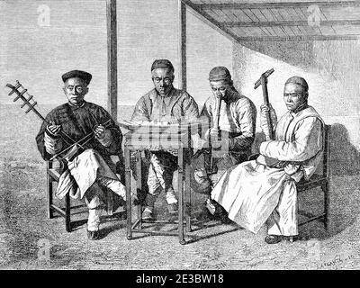 Chinesische Musiker, China. Alte 19. Jahrhundert gravierte Illustration, Reise nach Peking und Nordchina 1873 Stockfoto