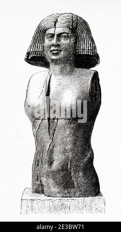 Büste der Frau Ka-Aper Holzstatue aus Mastaba Tombin Saqqara. Ägyptische Zivilisation, Altes Königreich, Dynastie V. Kairo, Ägyptisches Museum, Altes Ägypten. Alte Illustration aus dem 19. Jahrhundert, El Mundo Ilustrado 1880 Stockfoto