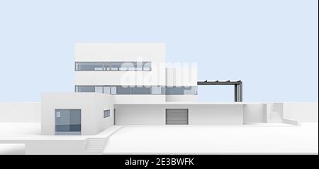 Moderne, minimalistische weiße Villa mit Blick nach außen und Kopierer. 3d-Rendering Stockfoto