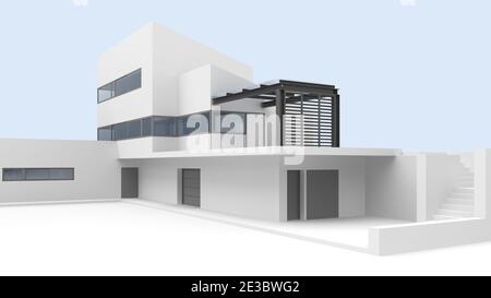 Moderne, minimalistische weiße Villa mit Blick nach außen und Kopierer. 3d-Rendering Stockfoto