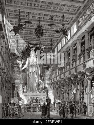 Künstlerische Nachbildung des Parthenon während der klassischen Periode Statue der Göttin Athena. Athen. Das Antike Griechenland. Alte Illustration aus dem 19. Jahrhundert, El Mundo Ilustrado 1880 Stockfoto