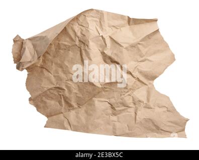 piece of crumpled brown paper isolated on white background, element for designer, torn edges Stock Photo